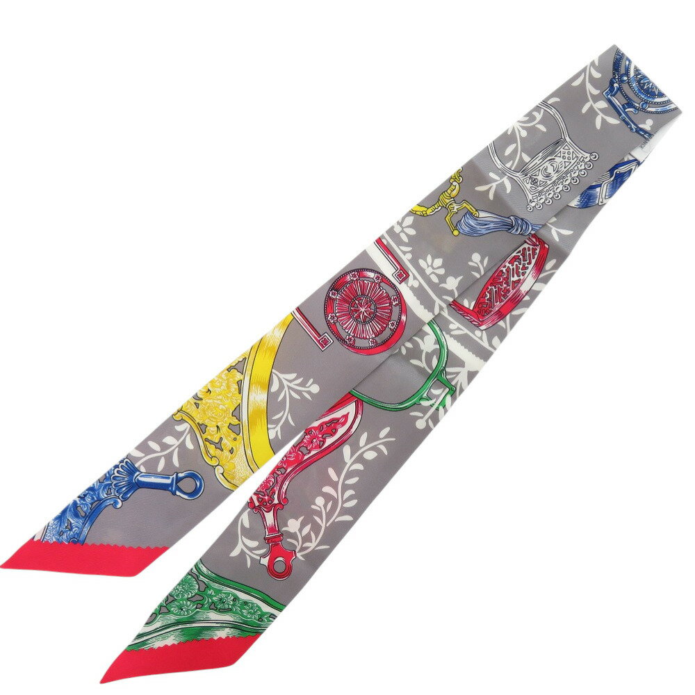 美品 エルメス ツイリー 鐙 リミックス Etriers Remix シルク グリス アシエ ルージュ スカーフ 0187【..