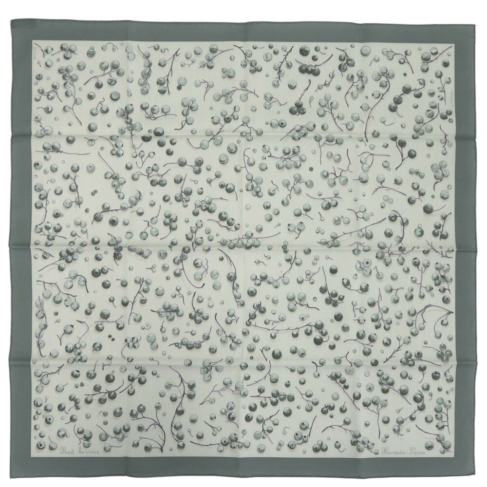 美品 エルメス レッドベリー 赤い果実 Red Berries コットン グリーン ハンカチ バンダナ 0213【中古】..