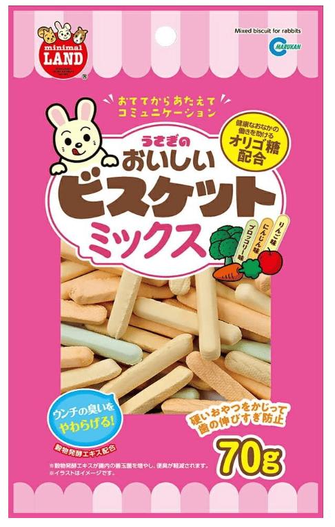 【注意事項】 ・メーカーの都合等により、パッケージ及び内容量、生産地、などが変更される場合がございます。ご了承ください。 ・当店では地球環境への配慮およびお手頃価格での商品の提供のため、簡易的な梱包とさせていただいております。 ・箱潰れなど、製品をご利用いただくのに問題がない場合の返品・交換対応はお受けできません ※期限のある商品について ・賞味期限や消費期限がある商品については、すべて期限まで2ヶ月以上のものを取り扱っております。個別のお問い合わせはご遠慮いただきますようお願い申し上げます。 ・期限が迫った商品は、別途アウトレット商品として販売させていただいております。 商品説明■　商品詳細 ビスケットタイプのおやつです。うさぎが大好きなりんご、にんじん、ブロッコリー味のビスケットをミックスしてあります。適度な硬さに焼き上げたビスケットをかじることで、歯の伸びすぎを防ぎます。穀物発酵エキス、オリゴ糖が健康をサポートします。 4906456571261■　原材料・成分粗たん白質：7．5％以上、粗脂肪：7．8％以上、粗繊維：2．5％以下、粗灰分：5．0％以下、水分：10．0％以下■　メーカー株式会社マルカン■　広告文責 ライフジェネレーション株式会社 TEL:06-6809-2484　