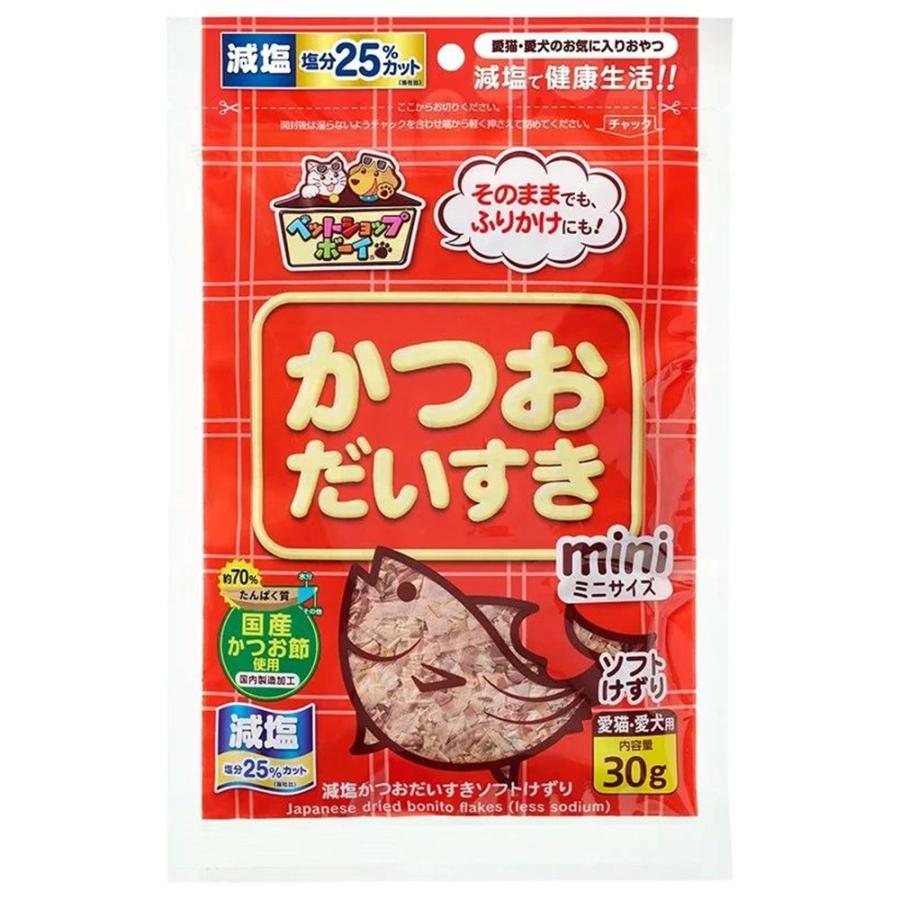【注意事項】 ・メーカーの都合等により、パッケージ及び内容量、生産地、などが変更される場合がございます。ご了承ください。 ・当店では地球環境への配慮およびお手頃価格での商品の提供のため、簡易的な梱包とさせていただいております。 ・箱潰れなど、製品をご利用いただくのに問題がない場合の返品・交換対応はお受けできません ※期限のある商品について ・賞味期限や消費期限がある商品については、すべて期限まで2ヶ月以上のものを取り扱っております。個別のお問い合わせはご遠慮いただきますようお願い申し上げます。 ・期限が迫った商品は、別途アウトレット商品として販売させていただいております。 商品説明■　商品特徴●ペットの健康・栄養を考えた低塩分のおやつです ●塩分25%カット(塩分0.9%以下) ●ソフトタイプのけずりですので食べやすく、おやつに最適です ●ドライタイプ、ウェットタイプのペットフード等へのふりかけとしてもご使用いただけます ●だいすきシリーズは、すべて国産原料使用・国内製造加工です ●保存料・着色料は一切使用していません 4902833886423 ■　原材料かつお節 ■　メーカーマルトモ株式会社■　広告文責ライフジェネレーション株式会社 TEL:06-6809-2484