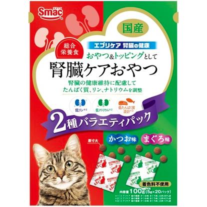 【注意事項】 ・メーカーの都合等により、パッケージ及び内容量、生産地、などが変更される場合がございます。ご了承ください。 ・当店では地球環境への配慮およびお手頃価格での商品の提供のため、簡易的な梱包とさせていただいております。 ・箱潰れなど、製品をご利用いただくのに問題がない場合の返品・交換対応はお受けできません ※期限のある商品について ・賞味期限や消費期限がある商品については、すべて期限まで2ヶ月以上のものを取り扱っております。個別のお問い合わせはご遠慮いただきますようお願い申し上げます。 ・期限が迫った商品は、別途アウトレット商品として販売させていただいております。 商品説明■　商品詳細 おやつ＆トッピングとして、総合栄養食おやつ。腎臓の健康に低リン※1、低ナトリウム※2、低たんぱく質※3設計（「歯の健康かつお味」比※1約38%減、※2約40%減、※3約13%減） 4970022025373■　原材料【かつお】肉類（ミートミール、チキンミール、ポークミール、チキンレバーパウダー）、とうもろこし、でん粉、魚介類（フィッシュエキス、フィッシュミール、かつおパウダー、フィッシュパウダー）、動物性油脂、セルロース粉末、酵母細胞壁、ビール酵母、植物発酵抽出エキス、殺菌乳酸菌、ビタミン類（A、D、E、K、B1、B2、B6、ナイアシン、葉酸、コリン）、アミノ酸類（メチオニン、タウリン、トリプトファン）、ミネラル類（カリウム、鉄、亜鉛、銅、ヨウ素）、pH調整剤【まぐろ】肉類（ミートミール、チキンミール、ポークミール、チキンレバーパウダー）、とうもろこし、でん粉、魚介類（フィッシュエキス、フィッシュミール、まぐろパウダー、フィッシュパウダー）、動物性油脂、セルロース粉末、酵母細胞壁、ビール酵母、植物発酵抽出エキス、殺菌乳酸菌、ビタミン類（A、D、E、K、B1、B2、B6、ナイアシン、葉酸、コリン）、アミノ酸類（メチオニン、タウリン、トリプトファン）、ミネラル類（カリウム、鉄、亜鉛、銅、ヨウ素）、pH調整剤■　メーカー株式会社スマック■　広告文責 ライフジェネレーション株式会社 TEL:06-6809-2484　