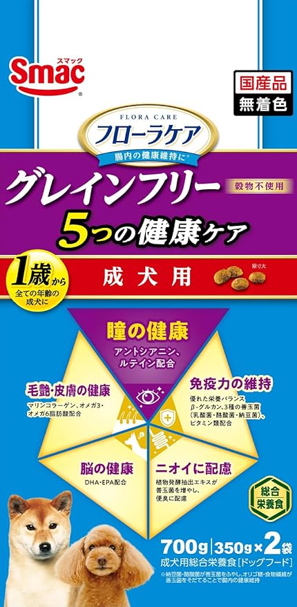 【注意事項】 ・メーカーの都合等により、パッケージ及び内容量、生産地、などが変更される場合がございます。ご了承ください。 ・当店では地球環境への配慮およびお手頃価格での商品の提供のため、簡易的な梱包とさせていただいております。 ・箱潰れなど、製品をご利用いただくのに問題がない場合の返品・交換対応はお受けできません ※期限のある商品について ・賞味期限や消費期限がある商品については、すべて期限まで2ヶ月以上のものを取り扱っております。個別のお問い合わせはご遠慮いただきますようお願い申し上げます。 ・期限が迫った商品は、別途アウトレット商品として販売させていただいております。 商品説明■　商品特徴瞳の健康に配慮した成犬用フード。善玉菌をふやして、そだてて腸内環境を整えるフード。健康に配慮し、無着色。 4970022014582■　原産国日本■　メーカー株式会社スマック■　広告文責ライフジェネレーション株式会社 TEL:06-6809-2484