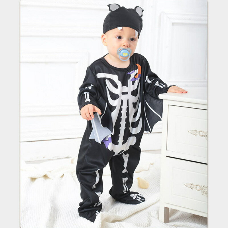 ハロウィン 衣装 子供 髑髏 仮装 骸骨 コスプレ 着ぐるみ どくろ 長袖 ロンパース 男の子 女の子 ベビー服 帽子付き コスチューム 仮装 文化祭 学園祭 子供用 パーティー70 80 90 100 110 120