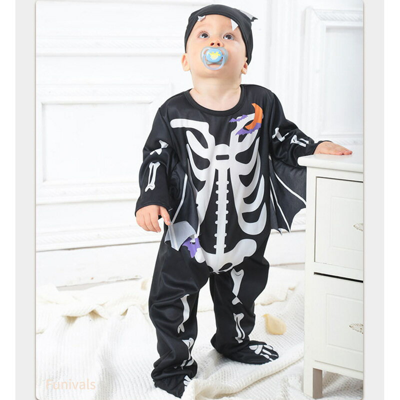 ハロウィン 衣装 子供 髑髏 仮装 骸骨 コスプレ 着ぐるみ どくろ 長袖 ロンパース 男の子 女の子 ベビー服 帽子付き コスチューム 仮装 文化祭 学園祭 子供用 パーティー70 80 90 100 110 120