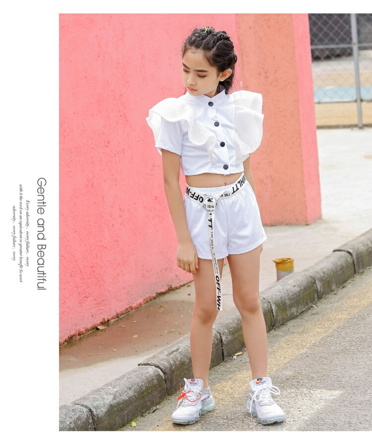 キッズ ダンス衣装 チアガール衣装 演出服 フリル肩 女の子 ヒップホップ ジャズダンス衣装 子供服 hiphop ジュニア 子供服 ホワイト 発表会 ステージ衣装 応援 イベント 110 120 130 140 150 160 170 3