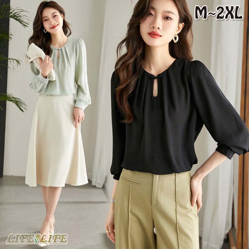 3-Quarter Sleeves - ブラウス 長袖 レディース 丸襟 シフォン ブラウス シャツ トップス 無地 透かし彫り フォーマル ブラウス ク 長袖ブラウス おしゃれ ブラウス オフィス カジュアル デート