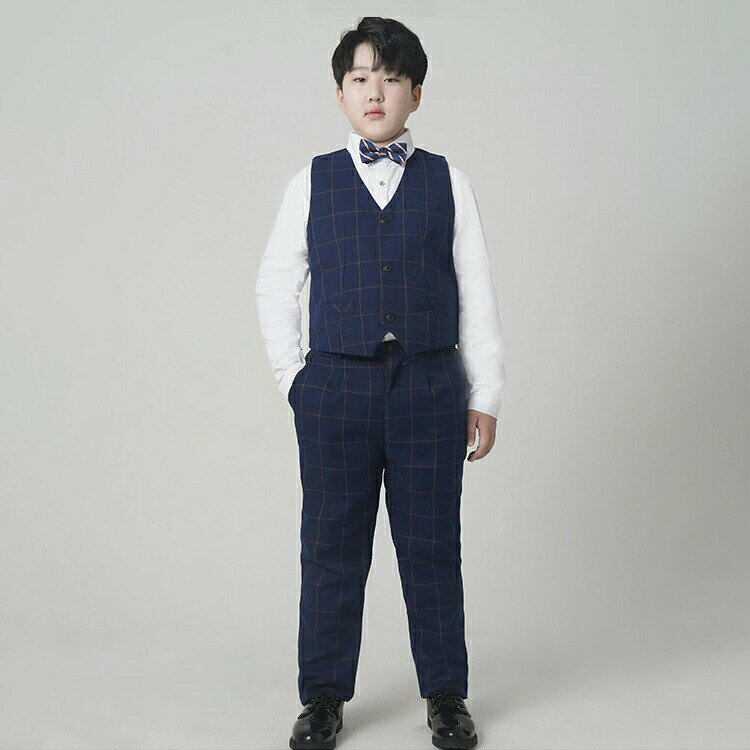 ネイビー チェック柄 b体 子供スーツ 男の子 ぽっちゃり体型 スーツセット 太め体型スーツ キッズ 女の子 フォーマルスーツ 5点セット 大きめサイズ 卒業式 蝶ネクタイ ベスト ジュニア