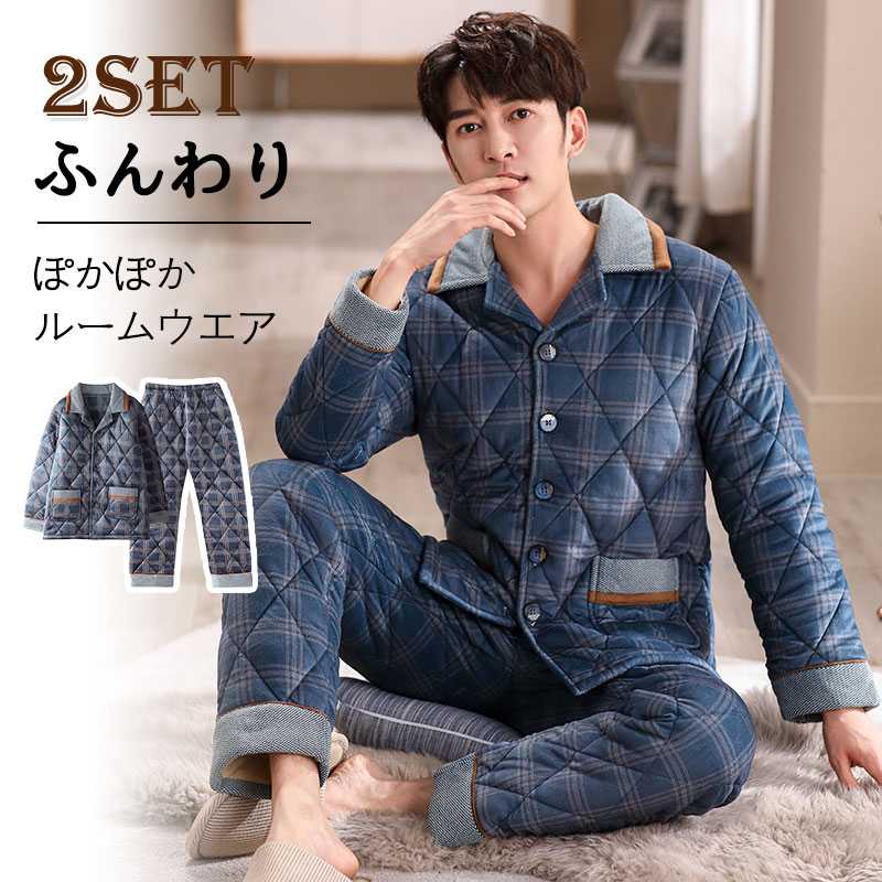 乐天商城 - メンズパジャマ 上下セット 前開き 衿付き ポケット付き 厚手 冬用 ルームウェア メンズ長袖 長ズボン長袖 紳士 男性用 フランネル あったか ふんわり セット 上下 部屋着