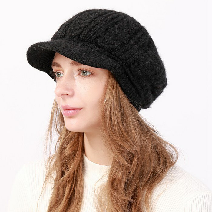 Knit Hat - ニット帽 ツバ付き 裏ボア キャスケット レディース 日よけ効果 秋冬 自転車 小顔効果 防寒対策 帽子 カジュアル 耳まで暖かい