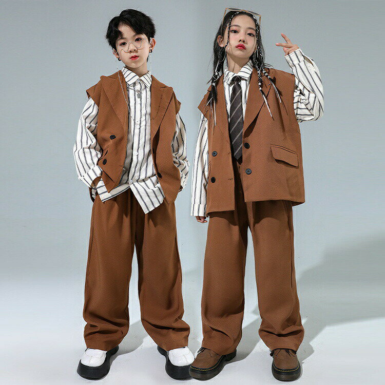 乐天商城 - ベスト カジュアルパンツ シャツ 茶色 キッズ ダンス衣装 セットアップ 女の子 男の子 派手 かっこいい ヒップホップ HIPHOP 子供服 ジャズダンス ロックダンス 原宿 団体服 ステージ衣装