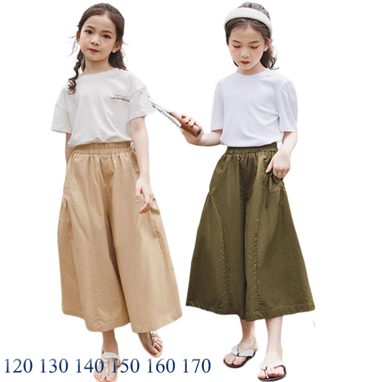 乐天商城 - 女の子 ワイドパンツ 子供 ガウチョパンツ ズボン ポケット 子ども ボトムス キッズ ガールズ 薄手 九分丈 春 夏 ガウチョ パンツ 春秋 140 130 120