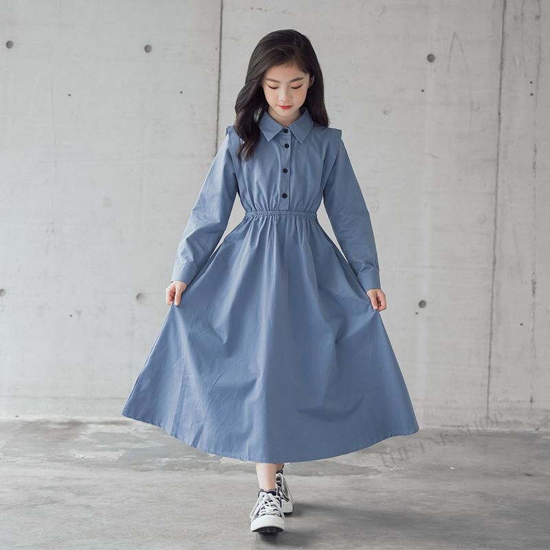 乐天商城 - 子供 ワンピース 春 女の子 キッズ ジュニア 長袖 襟 シャツ フレア スカート Aライン ロング シンプル カジュアル ナチュラル 無地 青 ロング丈 シャツワンピ 七五三 スウィート