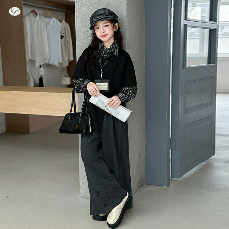 乐天商城 - かっこいい 女の子 パンツスーツ 2点セット フェイクレイヤード トップス ワイドパンツ デニム おしゃれ 韓国風 子供服 セットアップ ジュニア 大きめ 秋 卒業式 12 フォーマル 発表会