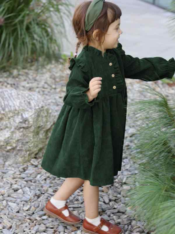 乐天商城 - 膝丈 110cm 140cm 緑 かわいい 森ガール 長袖 秋冬 120cm コーデュロイ 子供服 100cm 裏起毛 フリル襟 Aライン 130cm ワインレッド ワンピース