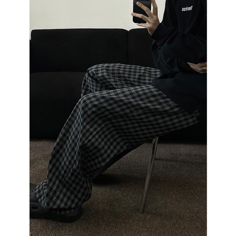 乐天商城 - 長ズボン メンズ 厚手 ゆったり 若者向け ストリートカジュアル 秋冬 微ストレッチ ワイド ノーアイロン パンツ 裏起毛 学生 チェック柄 ストレート