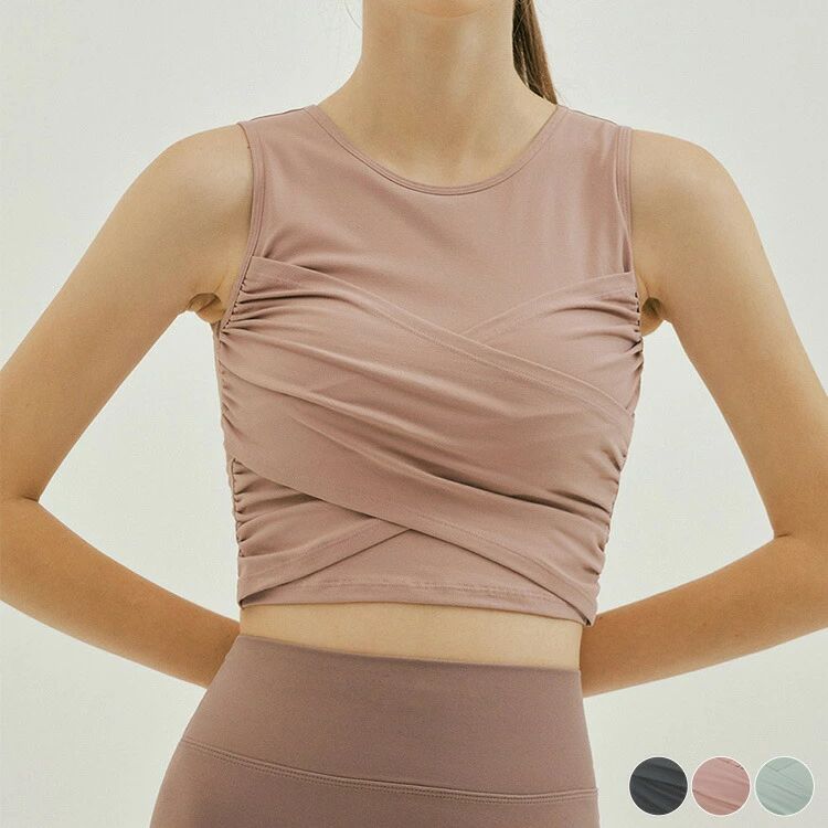 ショート丈 トップス フィット スポーツ ジム グレー 緑 ノースリーブ ピンク カップ付き フィットネス ストレッチ 無地 可愛い おしゃれ レディース タンクトップ ヨガウェア ジムウェア スポーツウエア ヨガ 韓国