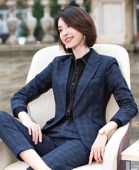 S/M/L/XL/2XL/3XL/4XL/5XL チェック柄 大人気 着痩せ パーティードレス 制服 「エリート★スーツセット」2点セットスーツ 20代30代40代 パンツスーツ ママ フォーマル 面接 OL エレガント 春秋着 ビジネス ブル 青 オフィス 長袖ジャケット+パンツ/スカート 通勤