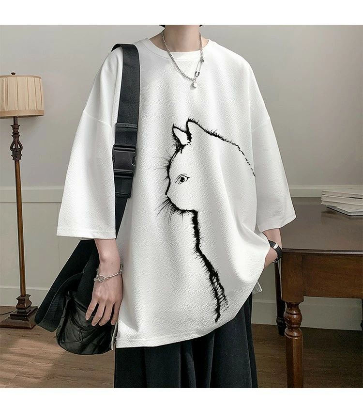 乐天商城 - 無地 薄手 猫 七分袖 カジュアル 半袖 半袖 メンズ ゆったりドロップショルダー メンズ かわいい 大きいサイズ Tシャツ 夏服
