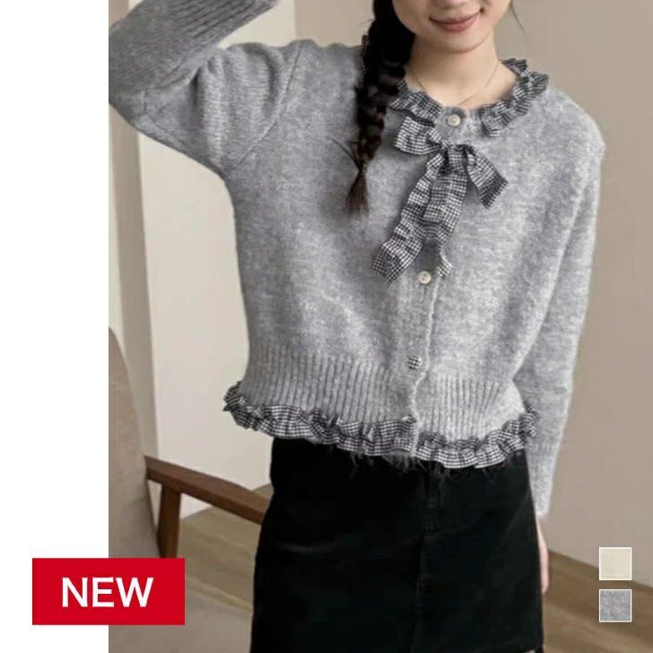 フリルカラーニットリボンカーディ