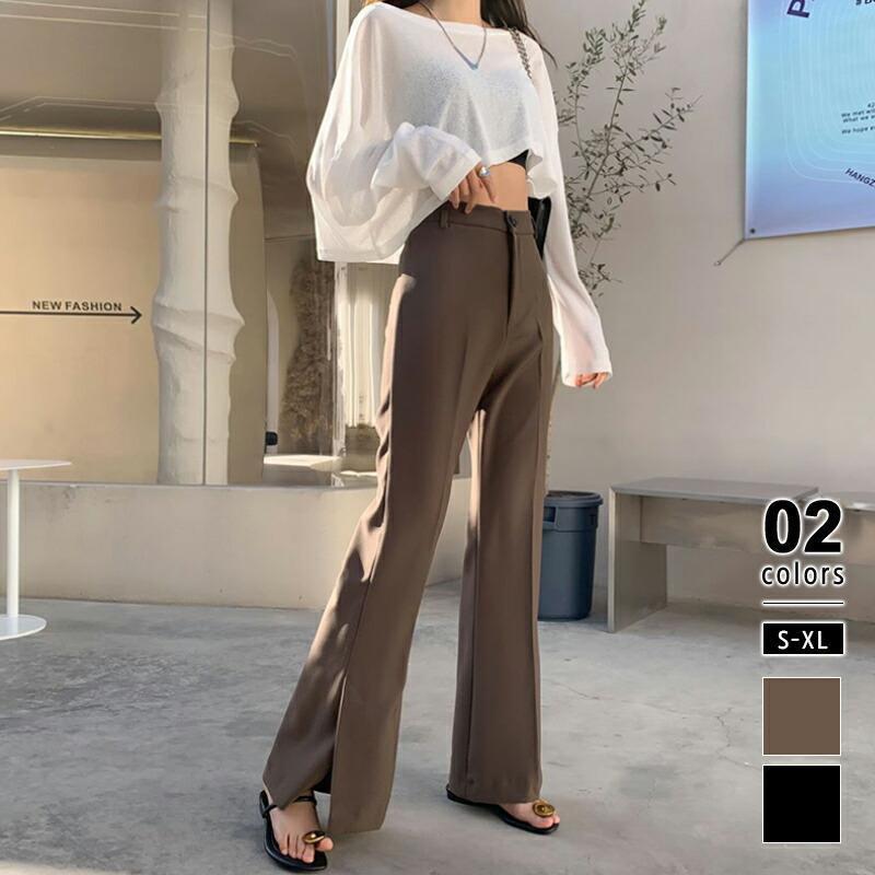 パンツ フレアパンツ 美脚 ブーツカット きれいめ スリット レディース サイドスリットパンツ ベルボトム ボトムス スラックス サイド..