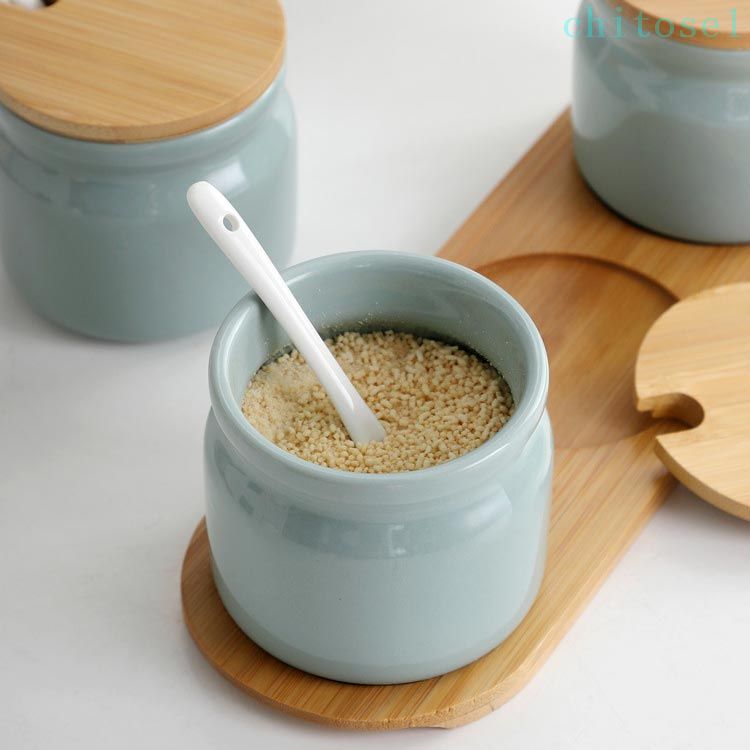 おしゃれ ナチュラル 保存容器 木目 調味料ポット 塩 使いやすい キャニスター ふた付き セラミック 3個セット スプーン付 天然木 砂糖入れ 衛生的 調味料入れ 調味料収納 塩入れ 詰め替え 北欧 保存 陶器