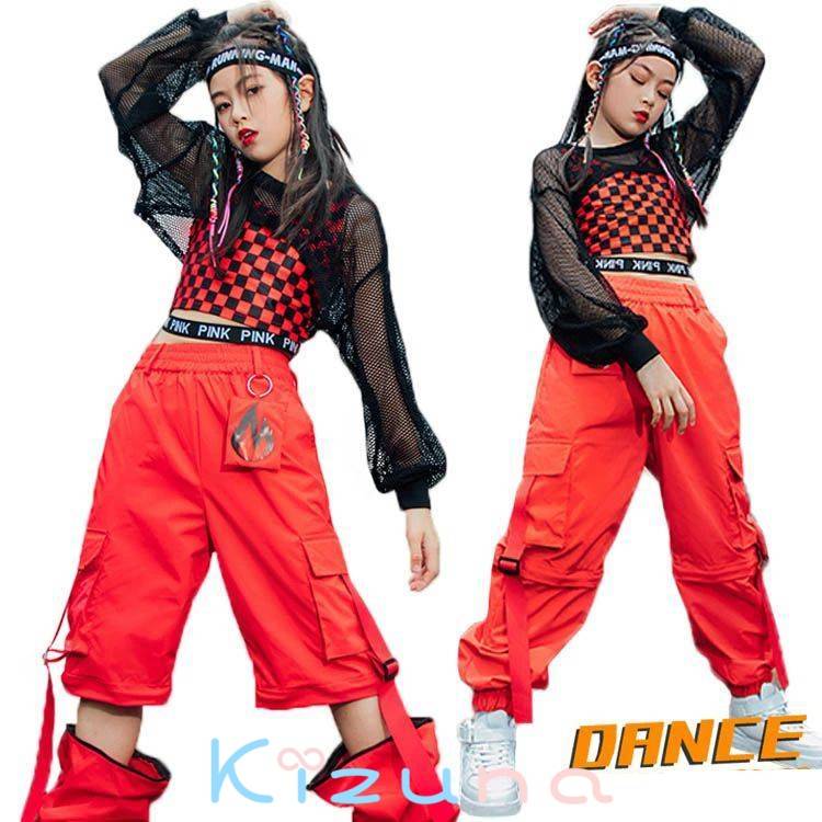 乐天商城 - キッズダンス衣装 チアガール トップス 演出服 ジャズダンス パンツ HIPHOP 団体服 子供 k-pop ヒップホップ 応援団 韓国 赤 発表会 女の子 衣装 へそ出し ジュニア メッシュ レッド 黒 網シャツ シャツ セットアップ チェック柄 ステージ衣装 タンクトップ イベント