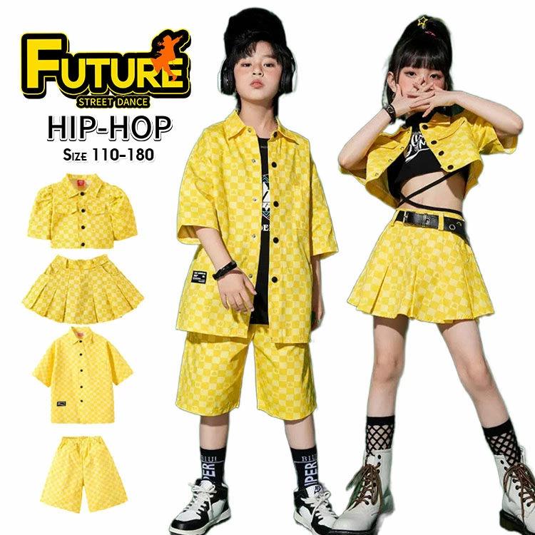 乐天商城 - トップス 衣装 k-pop チアガール チェック柄 HIPHOP 中学生 k-pop 黄色 女の子 高校生 ヒップホップ 衣装 男の子 子供 セットアップ チアダンス 演出服 半袖 短パンツ へそ出し カッコイイ イエロー ダンスウェア 応援団 韓国 シャツ 発表会