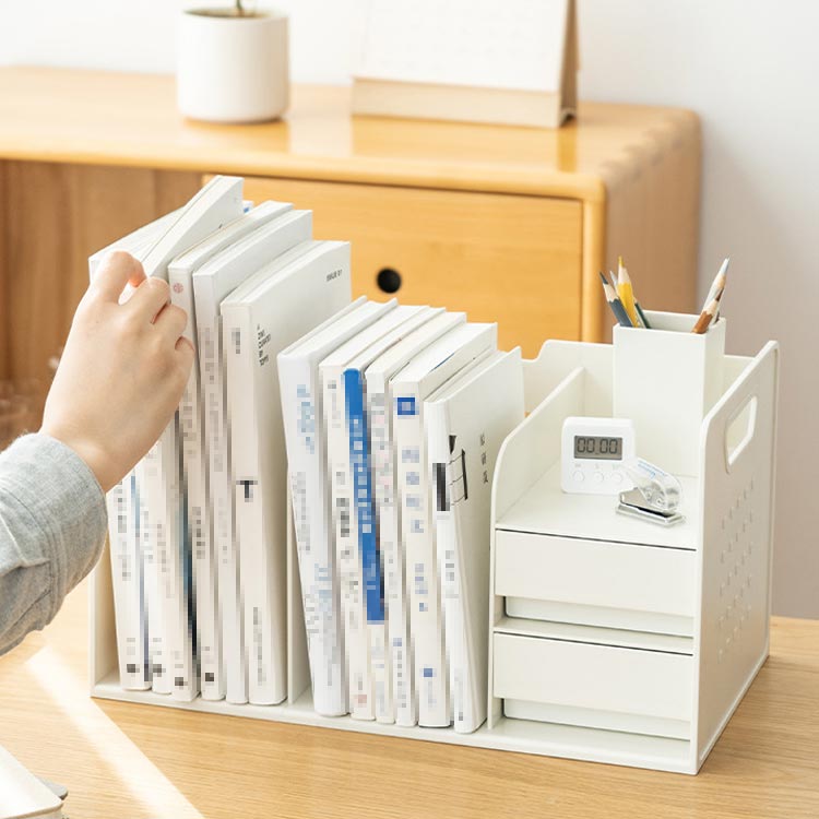 書類収納 卓上収納ラック 引き出し付き 本立て 仕切りラック ブック収納スタンド 本棚 デスク上収納 書類ホルダー 机上 収納用品 仕切りスタンド ブックスタンド 卓上収納 書類 卓上 小物 デスクオーガナイザー [2]