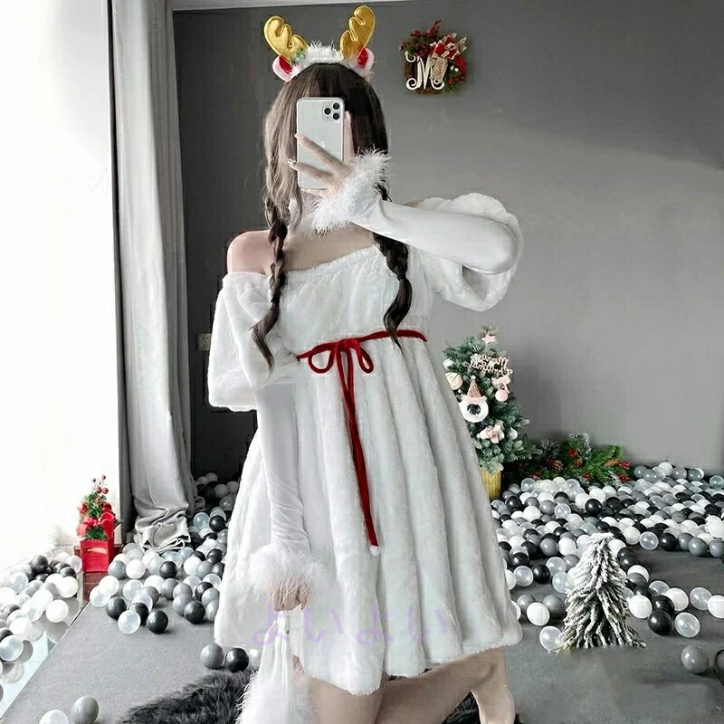 イベント ギフト 白 可愛い パーティー M サンタ衣装 サンタコス サンタワンピース Christmas X'mas コスチューム 演出 クリスマス 大人 プレゼント 長袖 雪だるま cosplay 短納期 コスプレ衣装 ホワイト 点セット クリスマス衣装 イベント 可愛い 仮装 撮影 ファー かわいい