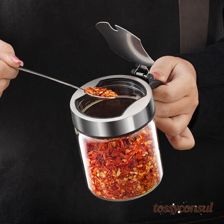 ワンプッシュ開閉 使いやすい ガラス 塩入れ スプーン付き スパイスジャー 密閉 2個セット 片手開閉 保存容器 調味料ポット 調味料ケース 詰め替え 調味料容器 スパイスボトル 衛生的 ポット ステンレス 砂糖 調味料入れ おしゃれ 300ml