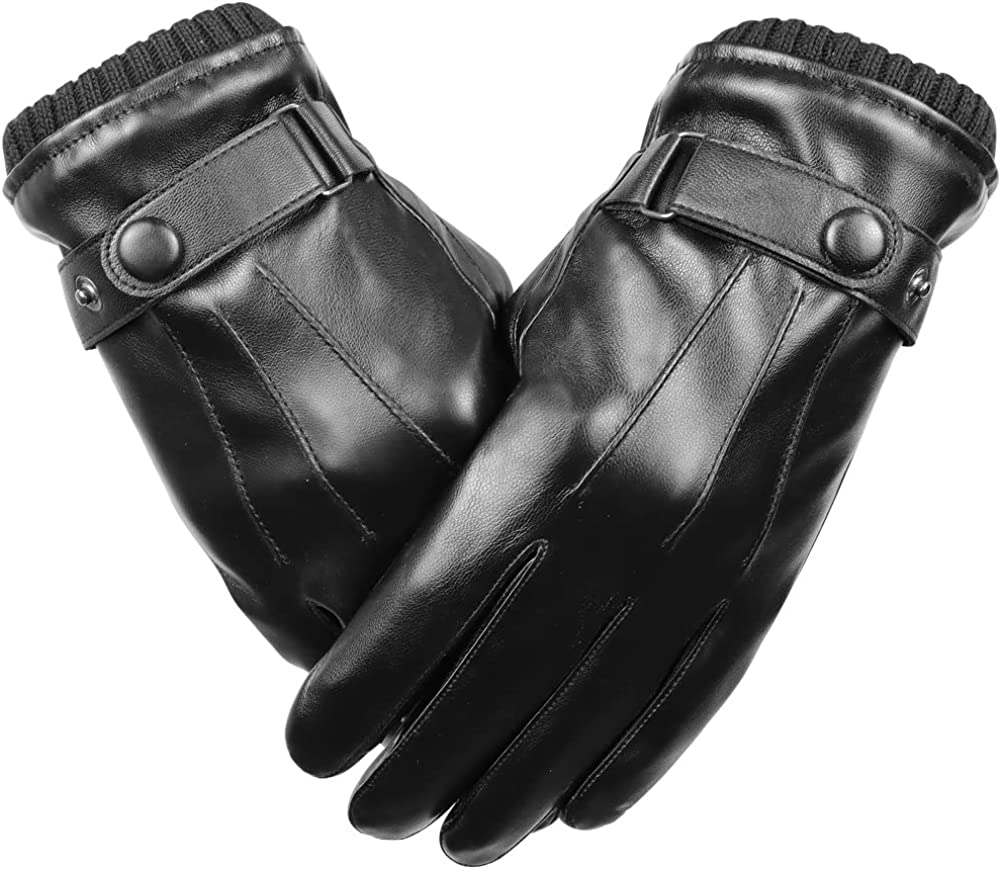 Gloves - フリーサイズ PU 秋冬 防寒グローブ てぶくろ ニットリブ防風強化 防寒手袋 ボタン飾り 手首にニットカラス 撥水 バイクグローブ