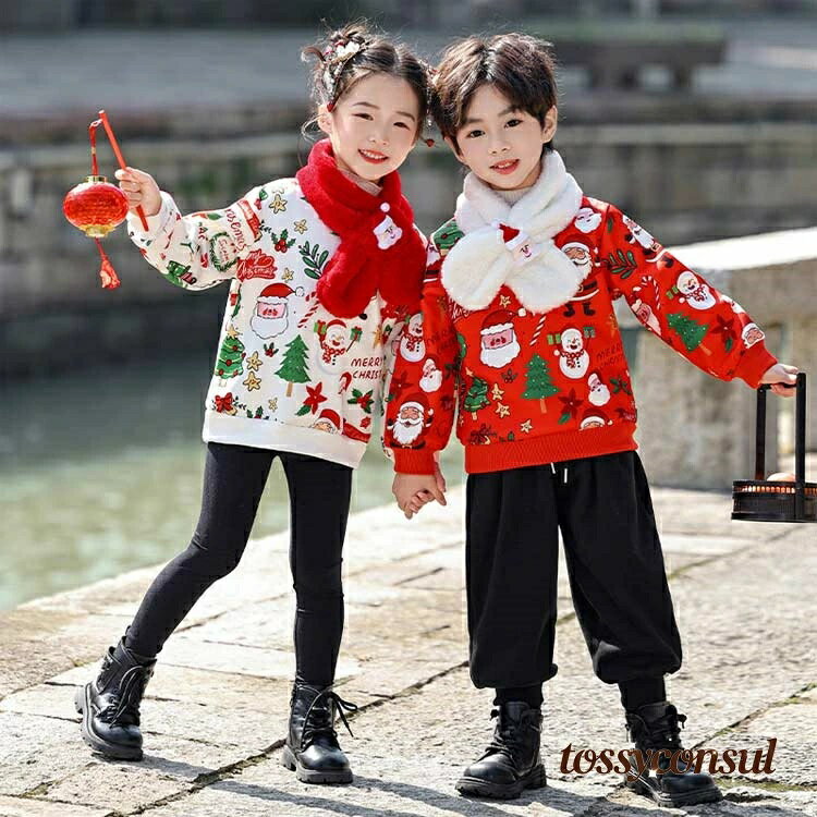乐天商城 - Tシャツ おしゃれ 90 クリスマス 100 サンタ柄 裏起毛 新生活応援 110 パーカー 男の子 トップス カジュアル 衣装 ラウンドネック パーカー 女の子 仮装 プリント 可愛い 春秋 キッズ トレーナー 子供服 ベビー 長袖