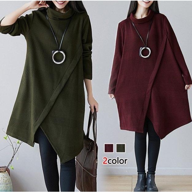 乐天商城 - 上品 ロング レディース ドレス マキシワンピース タートルネック ワンピース 40代 長袖 大きいサイズ チュニック きれいめ 秋冬