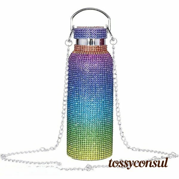 其它 - スポーツ ダイヤモンドケトル 虹 旅行用 詰め替え可能 ギフト 新生活 チェーン付きボトル 水筒 プレゼント 500ml 断熱グリッター真空フラスコマグ 断熱カップ