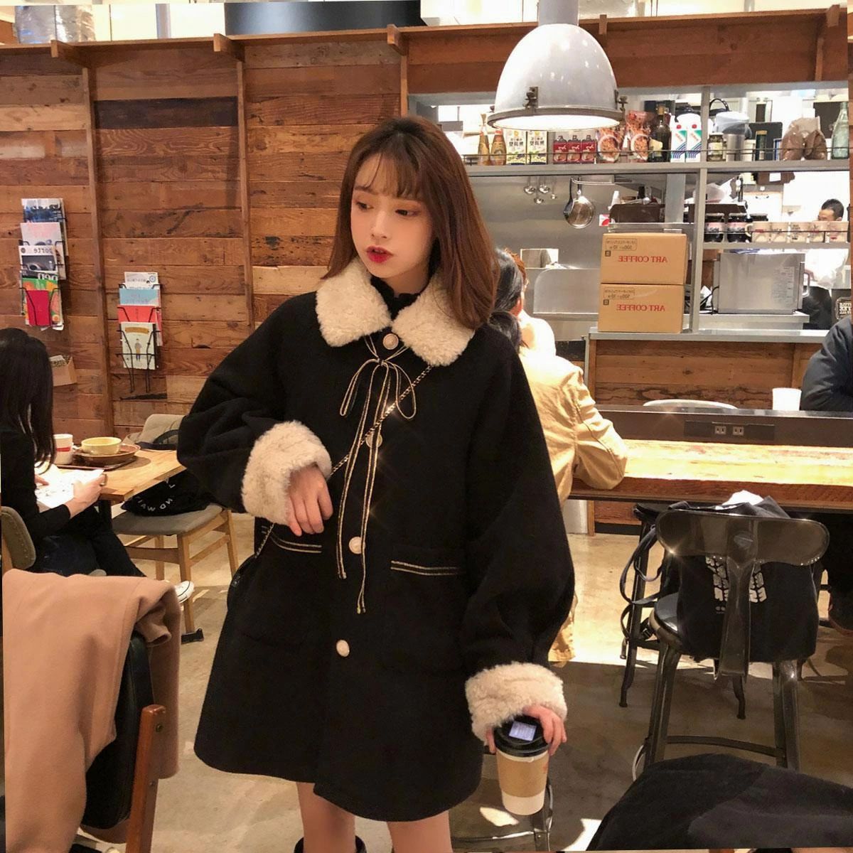 Coat - ゆったり カジュアル ミドル丈 ガウンコート 大きいサイズ 着痩せ レディース おしゃれ シンプル もこもこ 薄手 コート アウター