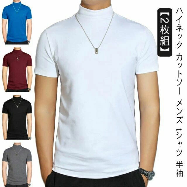 乐天商城 - カットソー 半袖Tシャツ 【2枚組】 ゆったり ハイネック ハイネックtシャツ トップス 半袖 夏 無地tシャツ ゴルフウェア 襟高さ4-5cm カジュアル ティーシャツ 大きいサイズ 春秋 tシャツ