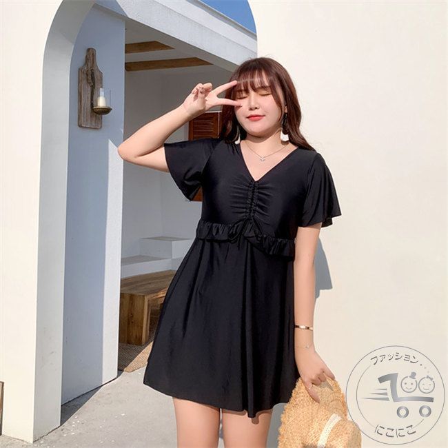 産前産後兼用 きれいめ 5色展開 妊婦服 フリル袖 マタニティ レディース おしゃれ パンツ付き 妊婦 体型カバー Vネック ワンピース 水着 大きいサイズ パッド付き 水着