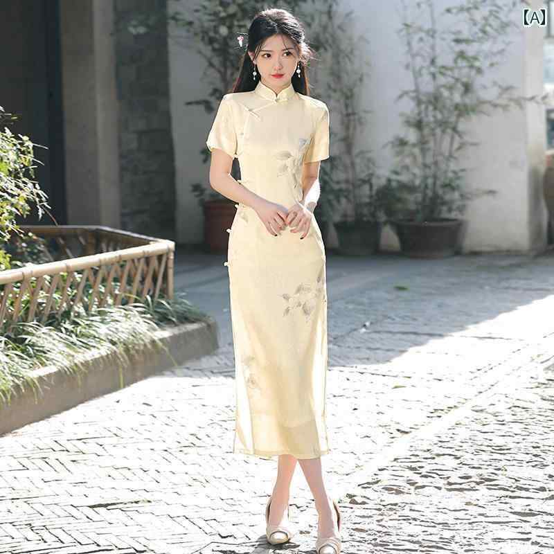 乐天商城 - スリム ロング ウエスト 修正 夏 レトロ 若見え チャイナ 中華 ドレス 半袖 女の子 2025 春と ロングワンピース キャットウォーク