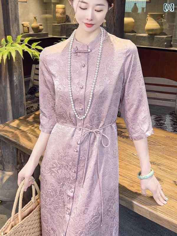 スタンドカラー 春夏 aライン シルクワンピース 100 スカート 2025 ルージュ】 丈 エレガント レディース チャイナ風 新型 ミディアム