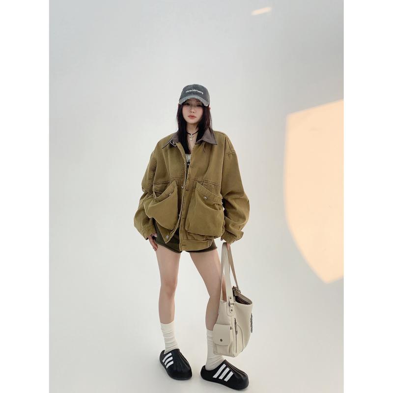 乐天商城 - カジュアル ショート丈 アメリカン アウトドア アイテム コットン ワーク ジャケット ベーシック スタイル 春 普段使い 大ポケット ビンテージ 混 加工 レトロ ゆったり デニム風 軽量