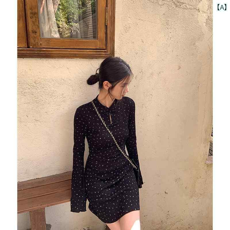 樂天商城 - 長袖 チャイナ風 ワンピース 王女の 花柄 ニット かわいい 2025 スリム 女性 ワンピース 春 スカート
