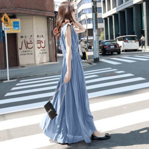 乐天商城 - ロング丈 春 レストラン 夏 個性的 水色 XL お尻カバー リゾート M スタンドカラー マキシ丈 パーティー 薄手 L しわ感 フレア リボン サイズ豊富 袖なし ウエスト 腕出し 無地 S ワンピース シャツワンピース オフィス レディース