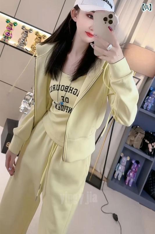 スウェットシャツ 春夏 カジュアル パンツ 2025 スポーツ レッグ スーツ ワイド 女性用 ジッパー 楽ちん スリーピーススーツ ジャージ フード付き カレッジファッション(4.0)