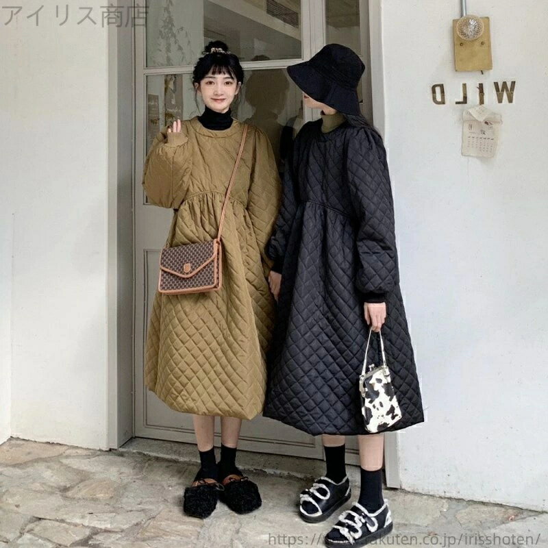 乐天商城 - キルティングコート 人気 韓国系 ママコーデ 30代 トレンド 40代 キルトワンピ 新作 シンプル オーバーコットンワンピ デート ふんわり キルトワンピース オルチャン ママファッション 大人可愛い レトロ お出かけ 20代 大人アウター コート きれいめ