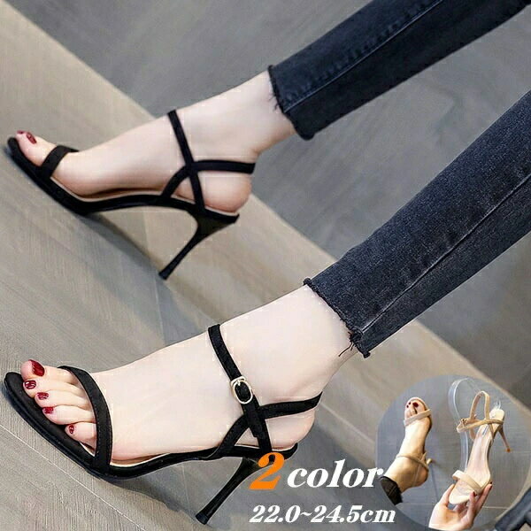 乐天商城 - かわいい おし ヒールサンダル ベルト付き アンクルストラップ かかとあり ピンヒール レディース ヒール8cm ハイヒール 可愛い