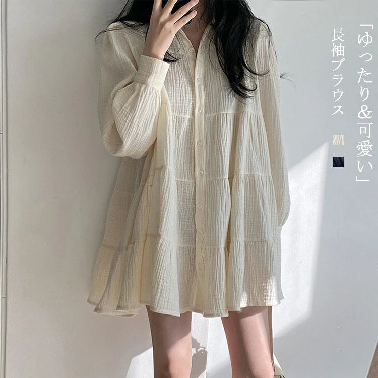 Rakuten - 長袖シャツ レディース ブラウス ティアード 春 夏 長袖ブラウス シャツブラウス チュニックシャツ トッ シャツ ロングシャツ 秋