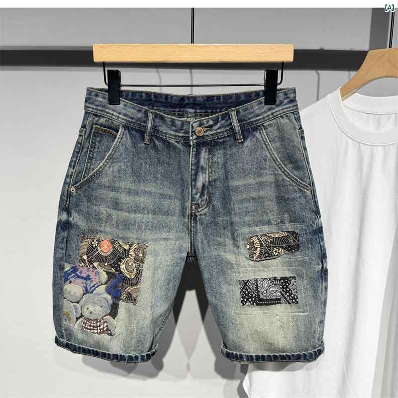 乐天商城 - ストリート メンズ アメリカン デニムショートパンツ レトロ メンズ コーデ 刺繍 ファッション パッチ パンツ ショート ミドル丈 サマー