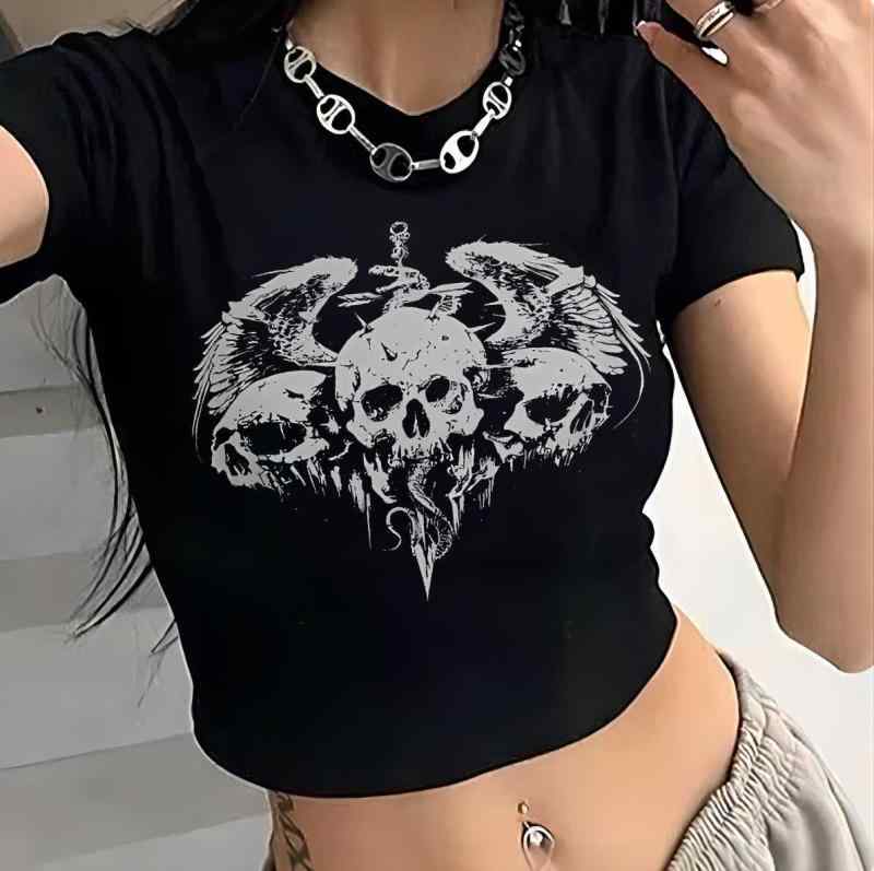 Rakuten - ストリート ドクロ柄 スリムフィット Tシャツ スカル 春夏 カジュアル ポリエステル クロップド丈 Y2K スパンデックス パンク クルーネック セクシー ゴシック 半袖 レディース ブラック