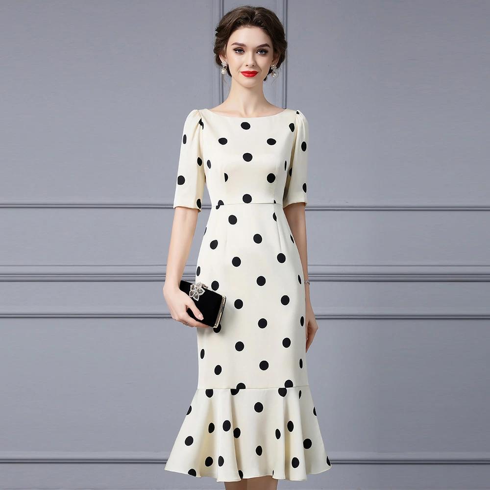 乐天商城 - タイトワンピース ♪セレブファッション マルネック お呼ばれ飲み会OL 大人エレガント 優雅 パーティードレス謝恩会 夏新作 披露宴 着痩 半袖 パーティドレス 他と被らない 結婚式 水玉模様 上品 ハイセンスな着こなしが叶う 大きいサイズあり