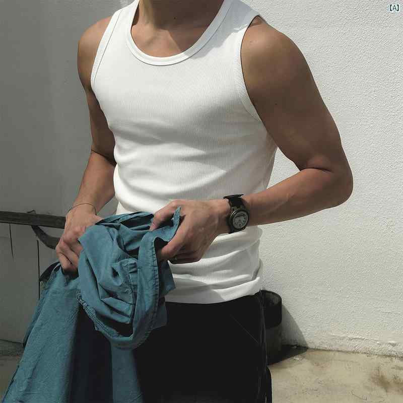 スポーツフィットネス用 ベスト ホワイト トップス メンズ用 Tシャツ オシャレ ラウンドネック 見せる コーデ 韓国ファッション メンズ ノースリーブ スレッド 筋肉 ファッション 夏 アメリカン
